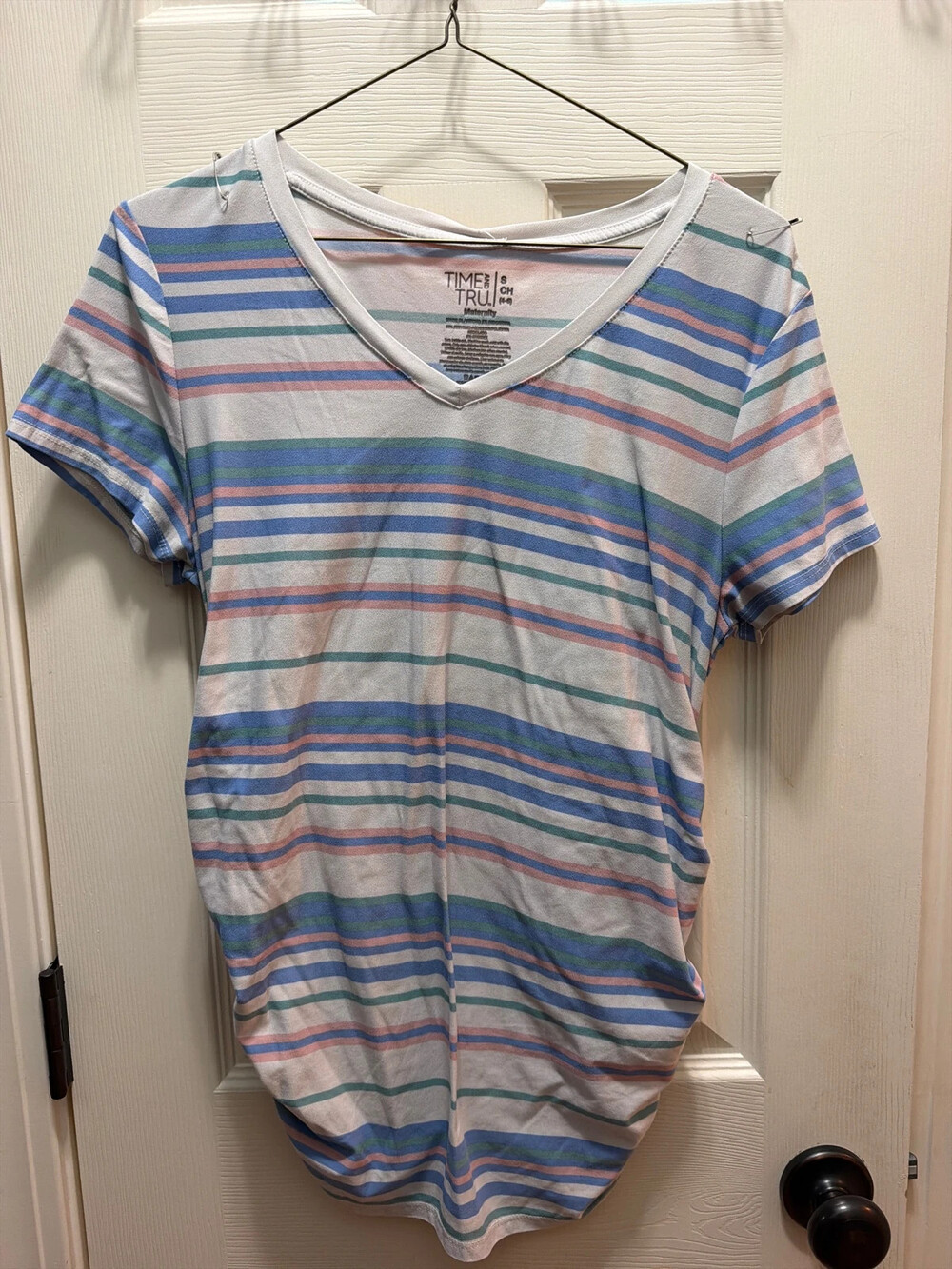 Time And Tru Maternity T-Shirt Striped V-Neck Ruched Small (4-6)